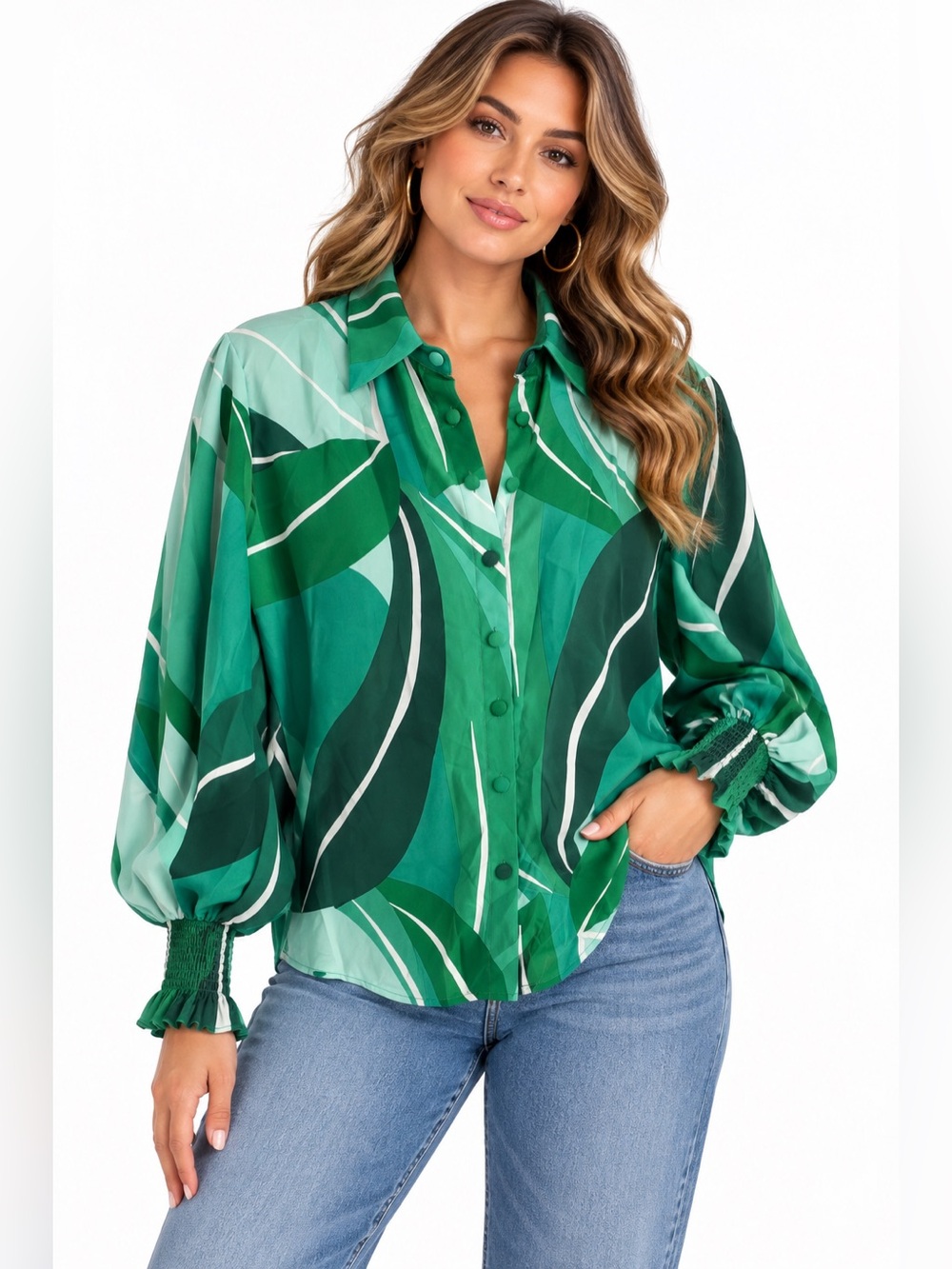 Retro Modern Green Abstract Print Button-Up Blouse